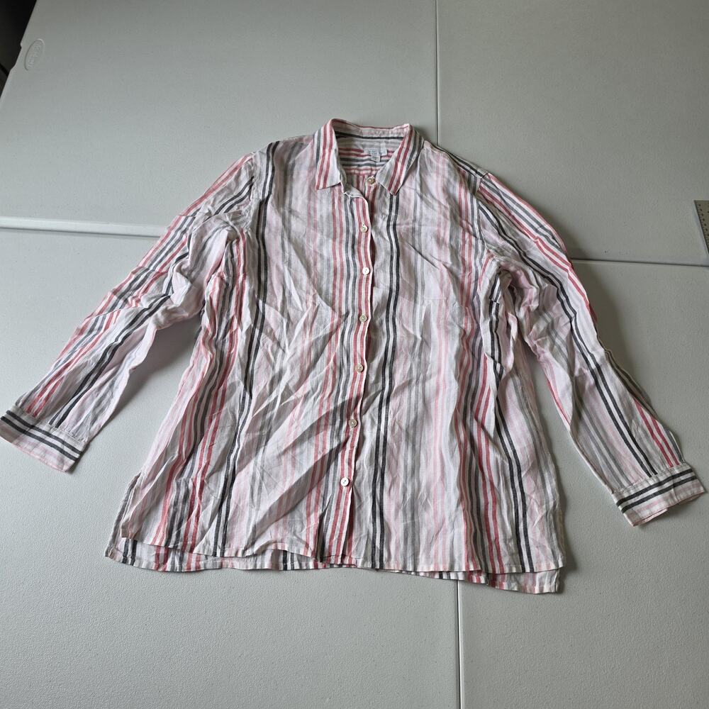 J. Jill Button Up Shirt Womens Large White Linen Striped Long Sleeve Top Casual